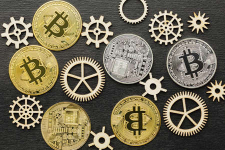 flat lay abstract innovation assortment with bitcoins.