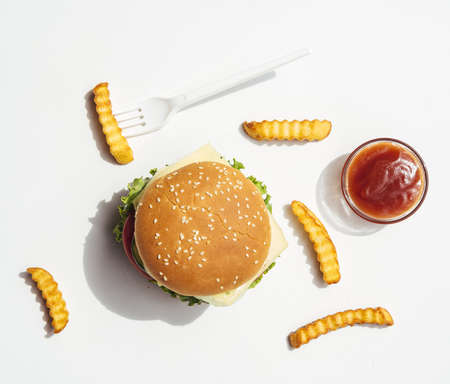 flat lay burger with fries ketchup. High quality beautiful photo conceptの写真素材