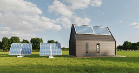 3d house with solar pannels. High quality photoの写真素材