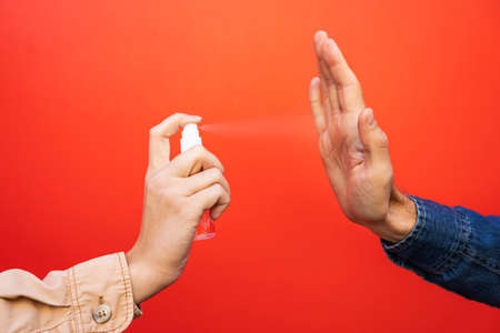 social distance concept with disinfectant. High quality photoの写真素材