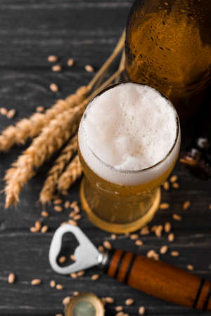 glass beer with foam top view. High quality photoの写真素材
