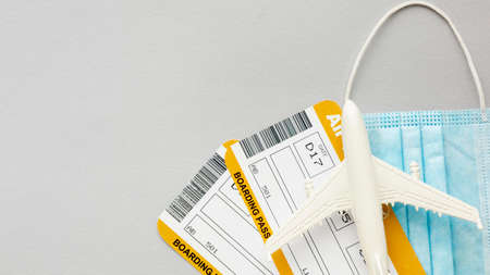 top view plane tickets mask. High quality photoの写真素材