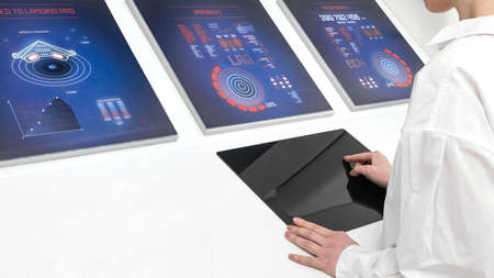 woman working digital monitors. High quality photoの写真素材
