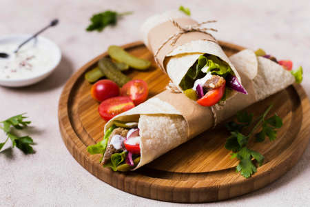 arabic kebab sandwich wooden board high view. High quality photo