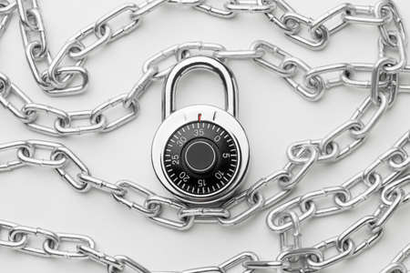 flat lay metal chain with lock. High quality photoの写真素材