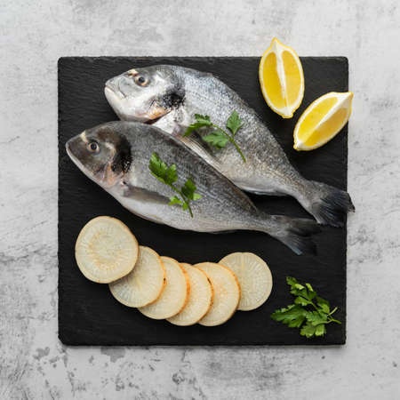 top view delicious seafood arrangement 3. High quality photoの写真素材