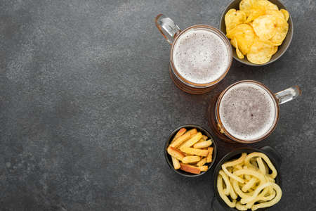 top view beer snacks stucco background. High quality photoの写真素材