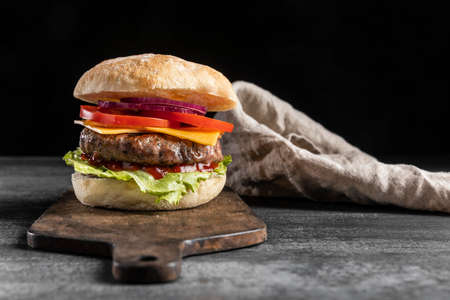 front view burger with veggies meat. High quality photoの写真素材