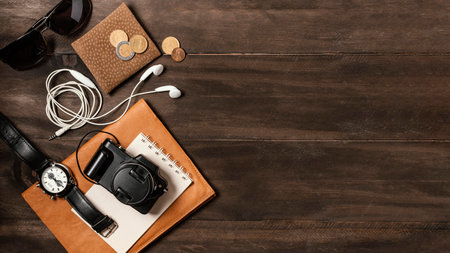 top view assortment different traveling elements. High quality photoの写真素材