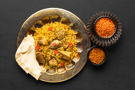 top view delicious indian rice dish. High quality photoの写真素材