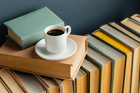 creative arrangement with different books coffee. High quality photoの写真素材