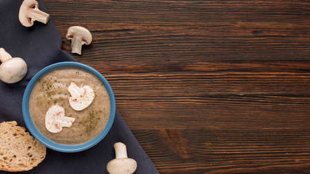 top view winter mushroom soup bowl with copy space. High quality photoの写真素材