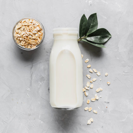 top view milk bottle with oatmeal. High quality photo