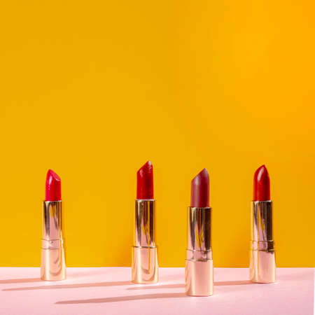 front view arrangement different lipsticks. High quality photo