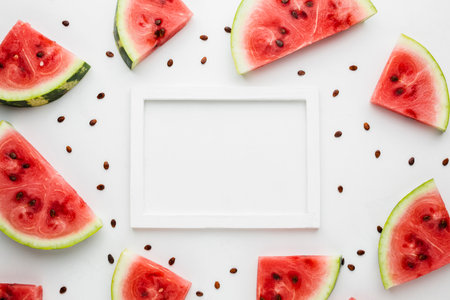 flat lay sliced watermelon white background with frame. High quality photoの写真素材