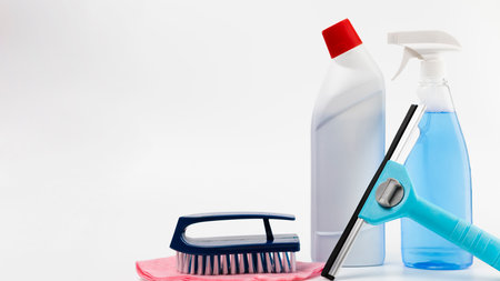 arrangement with cleaning products white background. High quality photo