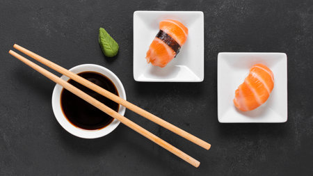 top view small plates with sushi. High quality photoの写真素材