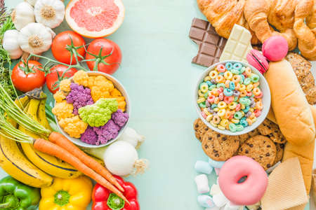 overhead view unhealthy healthy food background. High quality photo