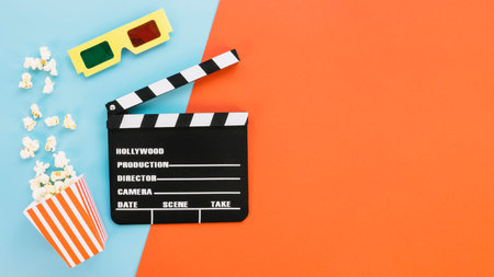 clapperboard with 3d glasses popcorn. High quality photo