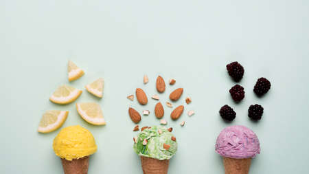 top view refreshing ice cream cones table. High quality photoの写真素材
