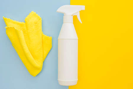 top view spray bottle cloth table. High quality photoの写真素材