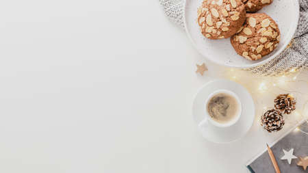 top view coffee cup cookies with copy space. High quality photo