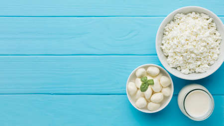 top view cottage cheese milk. High quality photoの写真素材