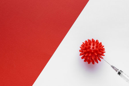 top view virus with syringe copy space. High quality photoの写真素材