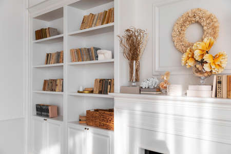 living room interior design with bookcase. High quality photoの写真素材