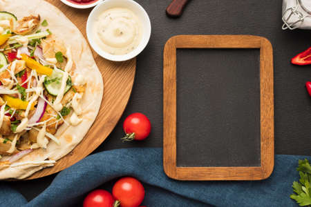 top view delicious kebab with frame tomatoes. High quality photoの写真素材