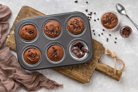 top view tasty muffin baking tray. High quality photoの写真素材