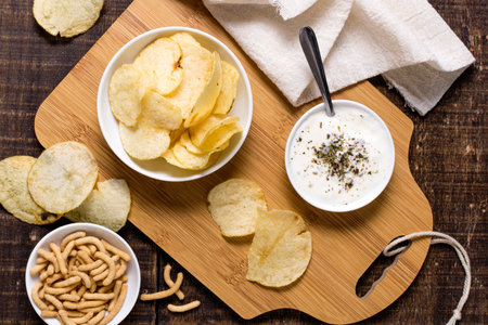 top view potato chips with sauce. High quality photoの写真素材