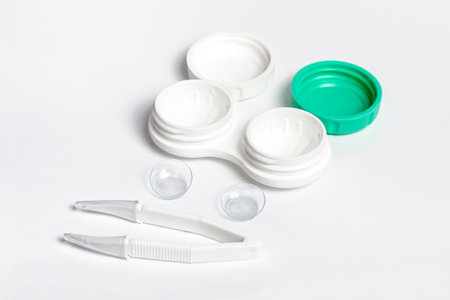 high angle pair contact lenses with case tweezers. High quality photoの写真素材