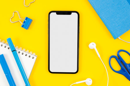 top view smartphone template workspace. High quality photoの写真素材