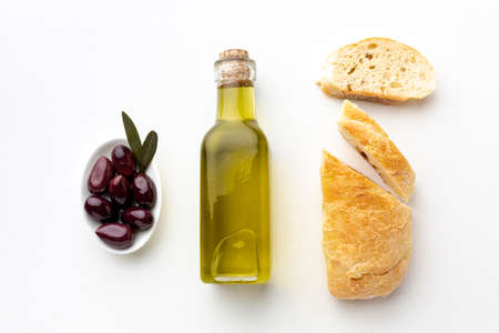 olive oil bottle bread purple olives. High quality photoの写真素材