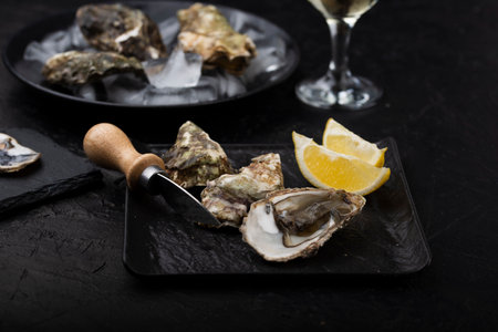 high angle oysters plate with knife lemon slices. High quality photoの写真素材