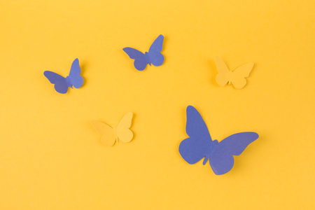 paper butterflies scattered table. High quality photoの写真素材