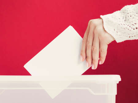 woman putting card mock up box election. High quality photoの写真素材