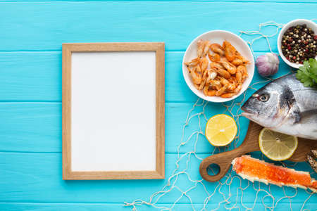 top view frame seafood mix. High quality photoの写真素材