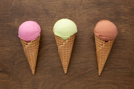 ice cream cones with flavour table. High resolution photoの写真素材