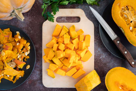 top view decoration pumpkin cutting board. High quality photoの写真素材