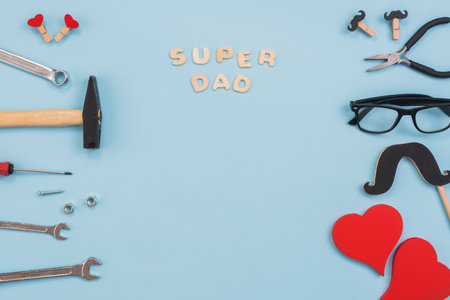 super dad inscription with tools glasses. High quality photoの写真素材