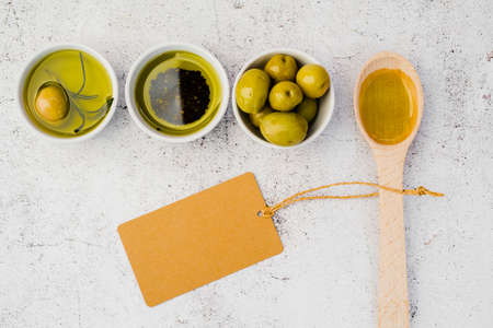 top view wooden spoon tasty olives. High quality photoの写真素材