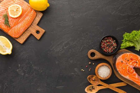 salmon lemon arrangement top view. High resolution photoの写真素材