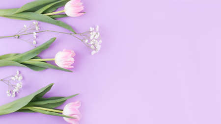 pink tulip flowers branches table. High quality photoの写真素材
