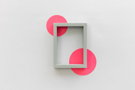 high angle view frame border circular shape paper white backdrop. High quality photoの写真素材