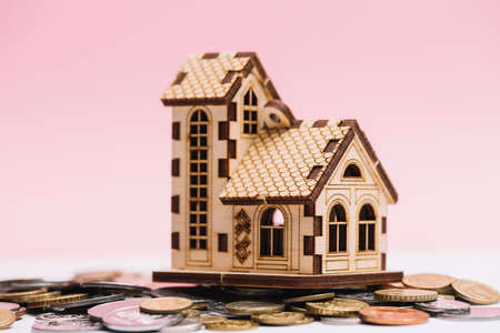 house model coins front pink background. High quality photoの写真素材