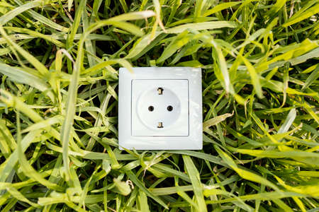 top view electric socket green grass. High quality photoの写真素材