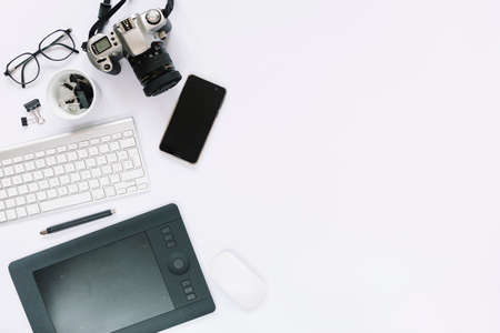digital camera graphic digital tablet keyboard mouse cellphone white background. High quality photoの写真素材