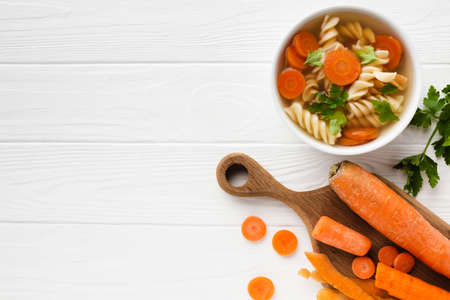 flat lay fusilli broccoli carrots bowl with copy space. High quality photoの写真素材